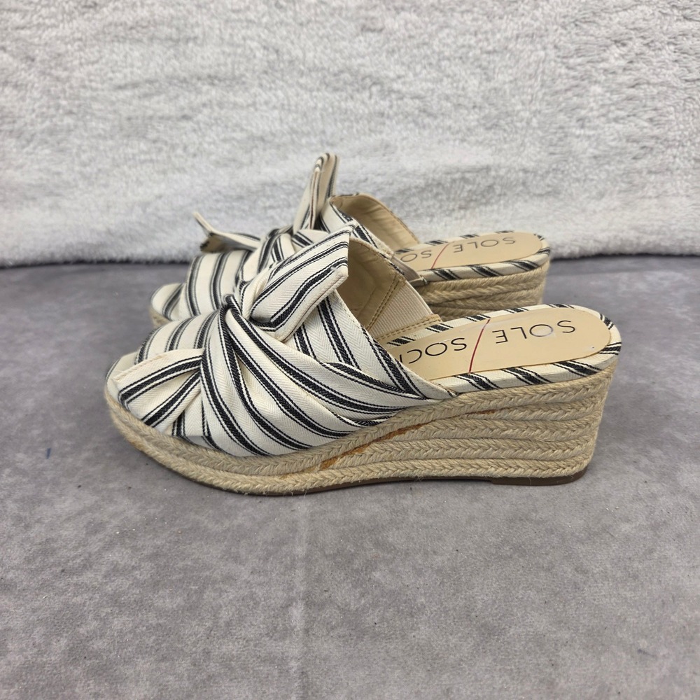 Sole Society Striped Canvas Bow Espadrille Wedge Sandals Navy Cream Mules